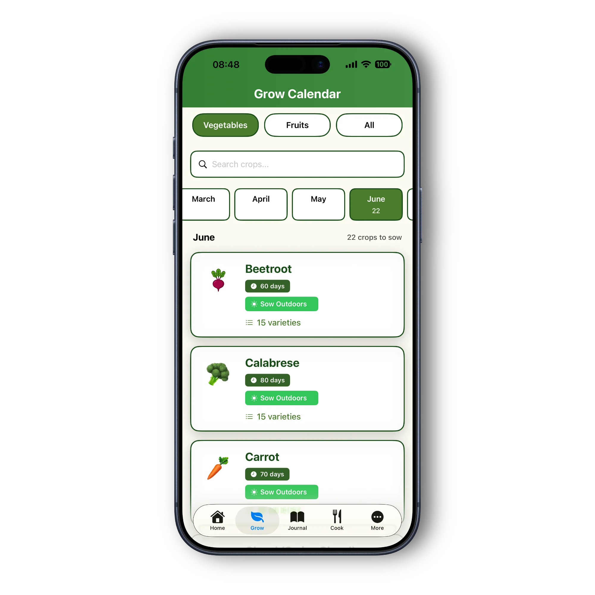 GrowMore CookMore app showing the Grow Calendar